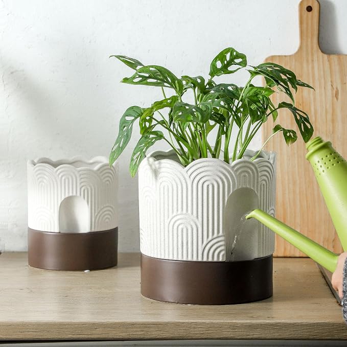 Nihow Ceramic Self Watering Pots for Indoor Plants, 8 Inch,Beige Brown | Visible Water Level Fill Port,Planter with Cotton Wick,Water Storage Plus, Cylinder Round Flower Pot, Succulent/Herbs/Violets