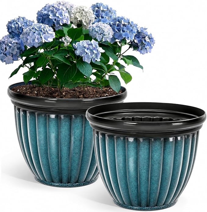 15" Large Flower Pots Set of 2 Plastic Planters for Outdoor Plants | Plant Pot with 3D Textures, Gradient Teal Blue Glaze, Weather-Resistant for Porch, Garden, Patio or Indoor Use