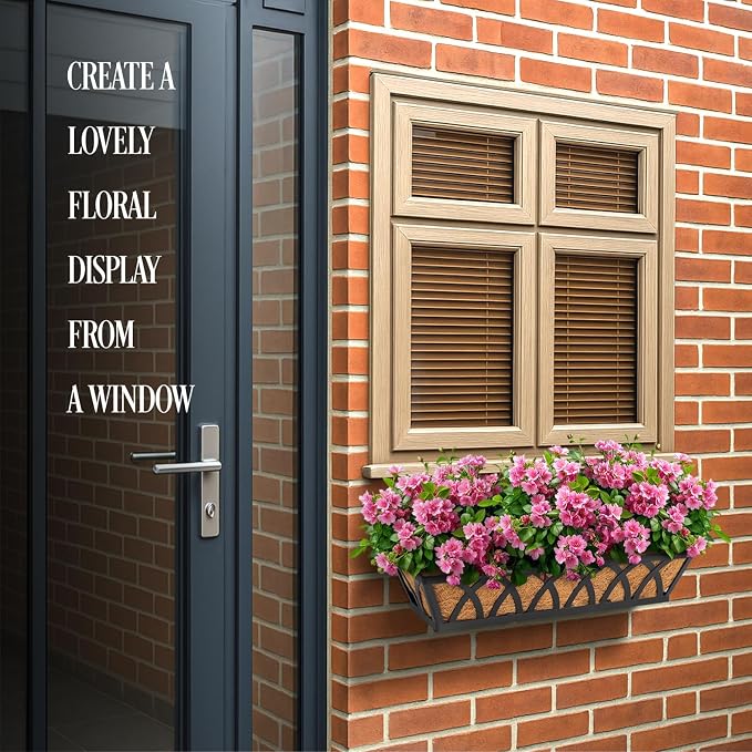 2 Pack 24IN Window Box Railing with Adjustable Brackets, Hanging Flower Planter Basket with Coco Liner for Outdoor Balcony Porch Fence Patio (Black)