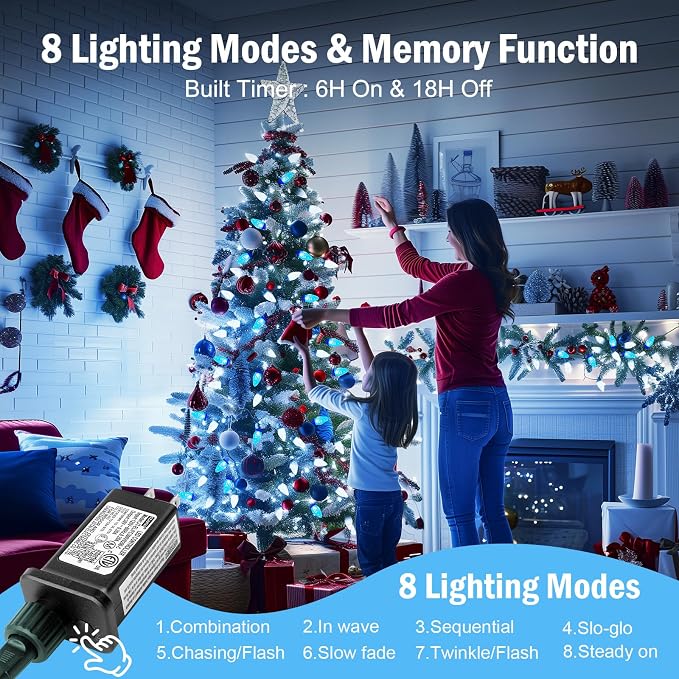 Brightown C9 Christmas Lights Outdoor 2 Pack, Total 162ft 200LED Blue&White | with Timing & Memory, 8 Modes, Connectable, Waterproof - C9 Christmas Lights for Indoor Outside Tree Home Yard Decoration