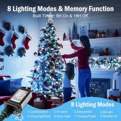Brightown C9 Christmas Lights Outdoor 2 Pack, Total 162ft 200LED Blue&White | with Timing & Memory, 8 Modes, Connectable, Waterproof - C9 Christmas Lights for Indoor Outside Tree Home Yard Decoration