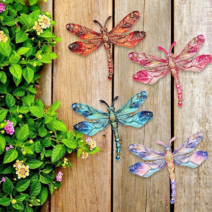 SUNREEK Metal Dragonfly Wall Decor - 9.6" Outdoor Fence Wall Art, Hanging Decorations for Garden Yard Patio Room Decorations, 4 Pack (Color-2)