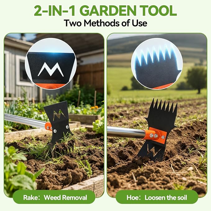 Weed Puller Tool, 60" Stand Up 2-in-1 Weed Rake & Garden Hoe | 7-Tine Heavy Duty, 60" Adjustable Handle, Cast Steel Head, Rust-Resistant, for Dandelion Crabgrass, Yard Lawn Garden