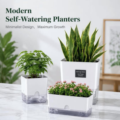 FAMZ Self Watering Pots for Indoor Plants 4 Pack White Self Watering Planters with Water Reservoir and Cotton Wick System, Bottom Watering Plant Pots for African Violet Herbs Small Indoor Plants