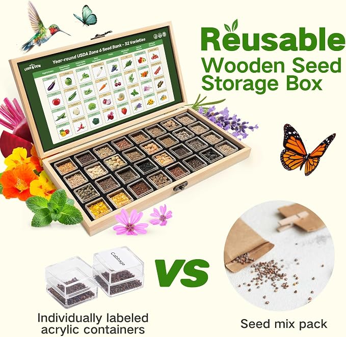Lush&Dew Zone 6 Heirloom Survival Seed Kit, 32 Types 30,000+ Non-GMO Seeds | Gardening Gifts for Women Men, Seeds for Planting Vegetables Herb in Raised Garden Bed Greenhouse, Indoor Outdoor Home Garden