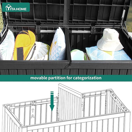 YITAHOME 180 Gallon Large Deck Box w/Divider | XL Waterproof Outdoor Storage for Patio Furniture,Outdoor Cushions, Garden Tools, Sports Equipment and Pool Supplies, Resin