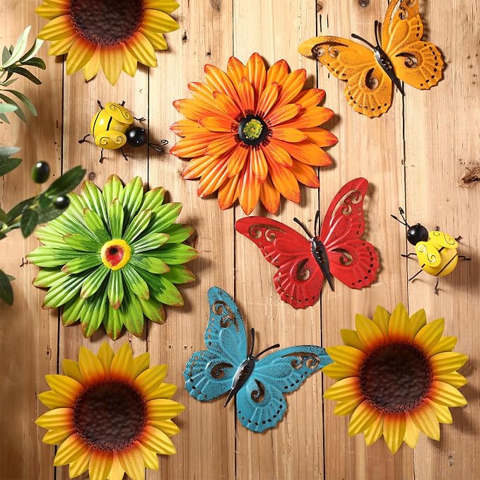 Therwen 10 Pcs Metal Wall Art Decor for Outside 3D Metal Sunflower Bee Butterfly Backyard Decorations Hanging Outdoor Wall Art Multicolored Flowers for Garden Fence Patio Yard Outdoor Porch