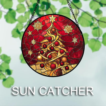 DASTOLL Stained Glass Window Hanging 4 Pcs Set Red Christmas Elk Snowflakes 7.8" - Deer Suncatcher Door Garden Sun Catcher Decor Birthday for Mom Woman Nana Men Friend