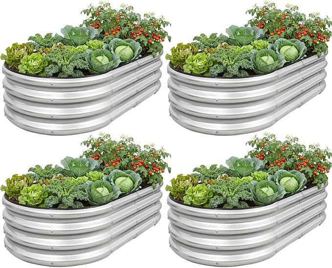 Galvanized Raised Garden Bed- Planter Garden Boxes Outdoor, Raised Beds for Gardening, 4x2x1ft Metal Garden Bed Kit for Vegetables Flower, Planter Raised Bed with Protective Tape & Tools.Silver-4pack