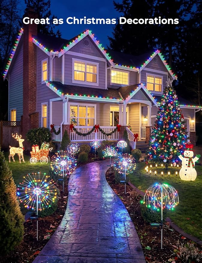 Multicolor Solar Lights Outdoor, 2 Pack 180LED Solar Garden Lights for outside, 8 Modes Firework Fairy light for Yard Pathway 4th of July Carnival Juneteenth Christmas Decor, Red/Yellow/Blue/Green