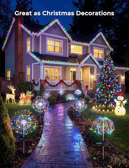 Multicolor Solar Lights Outdoor, 2 Pack 180LED Solar Garden Lights for outside, 8 Modes Firework Fairy light for Yard Pathway 4th of July Carnival Juneteenth Christmas Decor, Red/Yellow/Blue/Green
