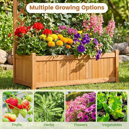 HAPPYGRILL Raised Garden Bed with Trellis, 71" Planter Raised Bed with Drainage Holes, Freestanding Garden Planter for Vine Climbing Plants, Wooden Planter Box for Yard Balcony(1, Yellow)
