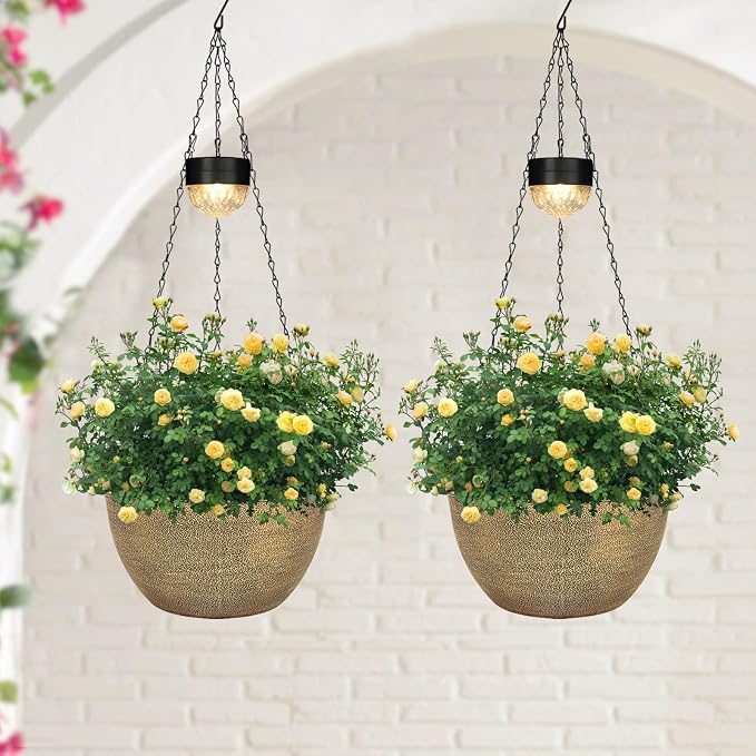 SUNNYPARK 2 Pack Solar Hanging Planters for Plants Outdoor | Self Watering, Copper Flower Pots with Solar Light, Hanging Garden Planters with Drainer for Balcony Patio Outdoor Decor