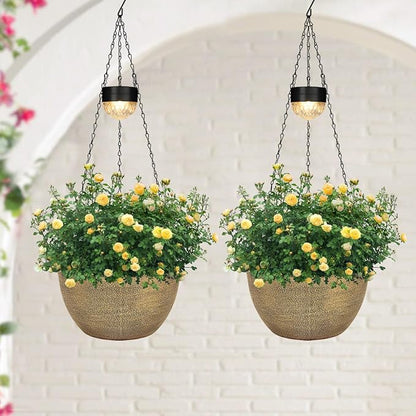 SUNNYPARK 2 Pack Solar Hanging Planters for Plants Outdoor | Self Watering, Copper Flower Pots with Solar Light, Hanging Garden Planters with Drainer for Balcony Patio Outdoor Decor