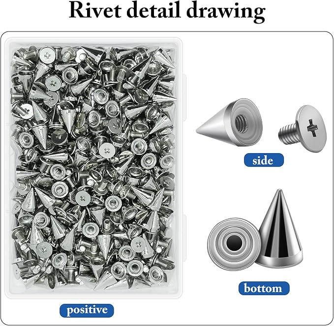 200 Sets 9.5mm Cone Spikes Metal Tree Spikes Screwback Studs for DIY Leathercraft Decoration Punk Rock Style Clothing Accessories (Silver)