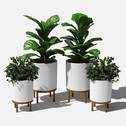 Veradek Demi Series Round Planter w/Stand for Porch/Patio | Durable Plastic-Stone Composite & Wooden Stand | Modern Décor for Tall Plants, Flowers