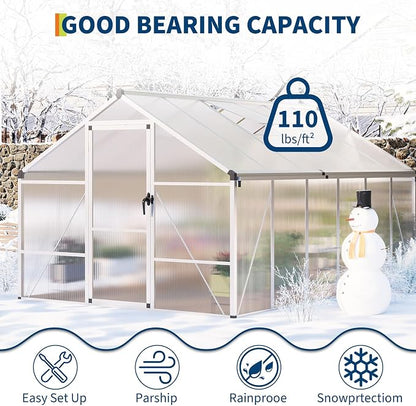 8x12 FT Polycarbonate Greenhouse for Outdoors, Aluminum Frame Green House with Lockable Door, Adjustable Roof Vent and Rain Gutters for Backyard, Garden, Patio