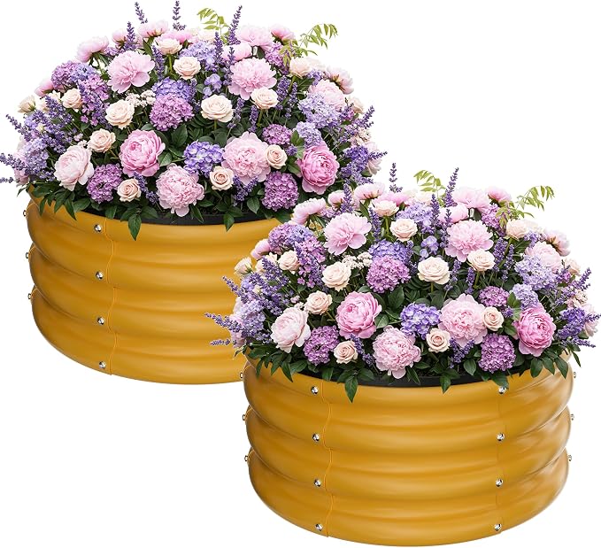 ZXZYHFTY Raised Garden Bed, 0.6 mm Galvanized Steel Round Planter Box with Open Bottom, Metal Raised Garden Bed for Vegetables Flowers Herbs Mailbox Planter Accent, 2 x 2 x 1 FT, 2 Pack Yellow