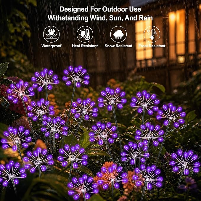 Solar Garden Lights Outdoor, Upgraded Solar Swaying Starburst Light Waterproof with 2 Modes, Solar Fairy Firework Lights for Yard Patio Pathway Flowerbed Balcony Garden Decoration (Purple, 2 Pack)