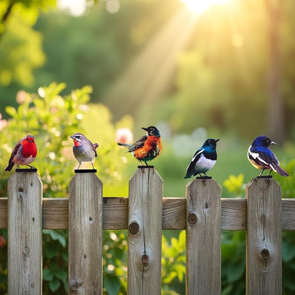 HUYIENO 5PCS Vivid Metal Birds Fence Decor 2D Dual Side Color Painted Outdoor Garden Natural Bird Sculptures for Outdoor Fences, Patio, Garden and Bird Lovers