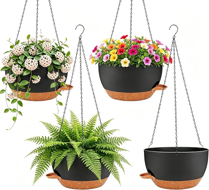 Set of 4-8 Inch Self Watering Hanging Planters for Indoor Outdoor，Hanging Plant Pots with Drainage & Removable Tray, Hanging Pots Holder for Ivy, Pothos, Ferns, Balcony & Patio, Black Brown