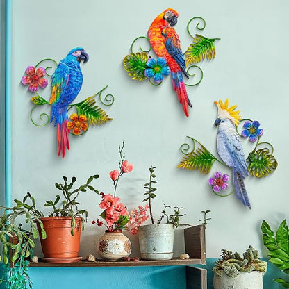 Metal Parrots Wall Decor Outdoor Hanging Sculptures Decor for Yard Garden | J-Fly Patio Garden Decoration Gifts Outdoor Bird Wall Decor-12 Inches Parrot Large Hanging Wall Decor 3 Pack
