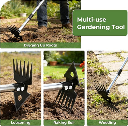 2-in-1 Weed Puller Tool,Dual-Head Garden Hoe Weeder Tool with Long Handle,Heavy Duty Manganese Steel Weeding Tool for Gardening,Uprooting Weed Remover for Yard Lawn Patio and Garden
