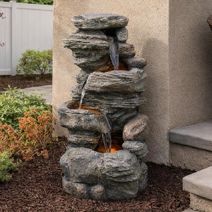 Teamson Home 39.37 in. Outdoor Faux Stacked Stone 4-Tier Water Fountain with LED Lights and Pump, Gray | Faux Stone, Patio Waterfall Feature, LED Lights & Pump, For Yard, Deck, Landscaping