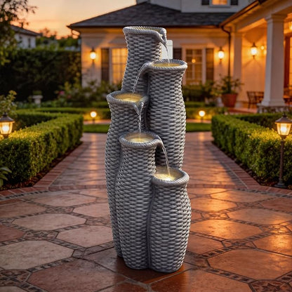 Autodaya 5-Tier Faux Rattan Outdoor Water Fountain & Waterfalls with Lights | Unique Natural Vase Water Feature With Cascading Soothing White Noise, Tranquil Oasis For Garden, Patio, Yard, Or Porch Decor