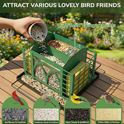 Bird Feeders for Outdoors Hanging, Metal Bird Feeder with Double Suet Cage Weatherproof Metal Roof, 3.5Lbs Large Capacity Great for Attracting Finch Cardinal Chickadee Wild Birds, Branch Green