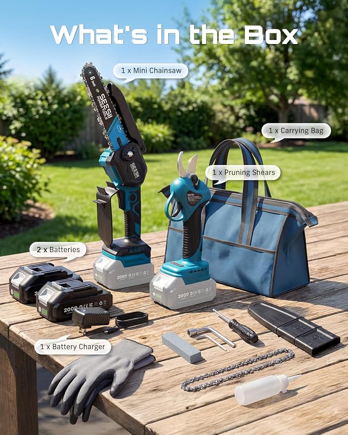 SEESII Mini Chainsaw & Electric Pruning Shears Combo, 6-inch Brushless Handheld Power Chain Saw, 1.2” Cutting Cordless Pruner for Tree Trimming, Tools Kit with 2x2000mAh Batteries, Fast Charger