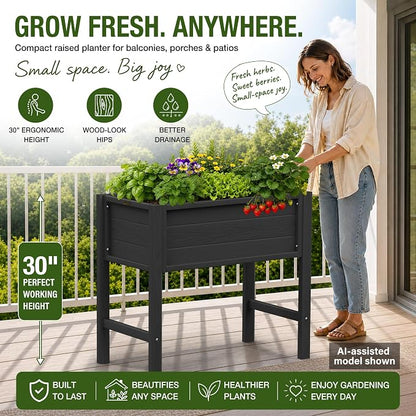 YEFU Raised Garden Bed with Legs: Compact Waterproof HDPS Outdoor Elevated Planter Box with Drainage Holes - 34x18x30 Inch for Patio/Balcony to Grow Vegetables/Herbs - 385 lbs Capacity, Black