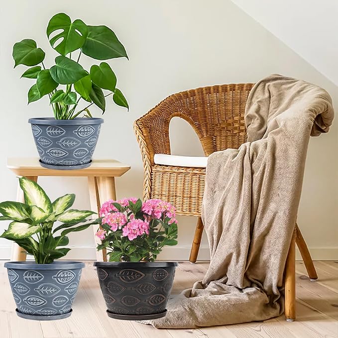 Nooulap 3 Pack Flower Pots Outdoor 11 Inch Plant Pots Indoor, Large-Plastic-Plant-Flower-Planters-Pots with Drainage Hole & Tray, Modern Decorative Garden Pot with Saucer(Brown)