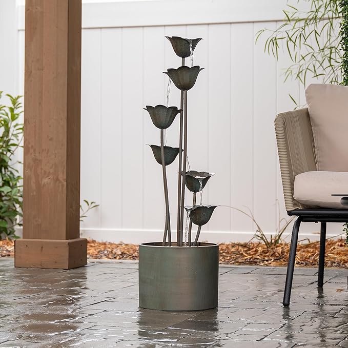 XBrand 35" Tall Silver Metal Sculptural Flower Multi-Tier Freestanding Water Fountain for Indoor & Outdoor Use, Decorative Garden Patio Backyard Water Feature