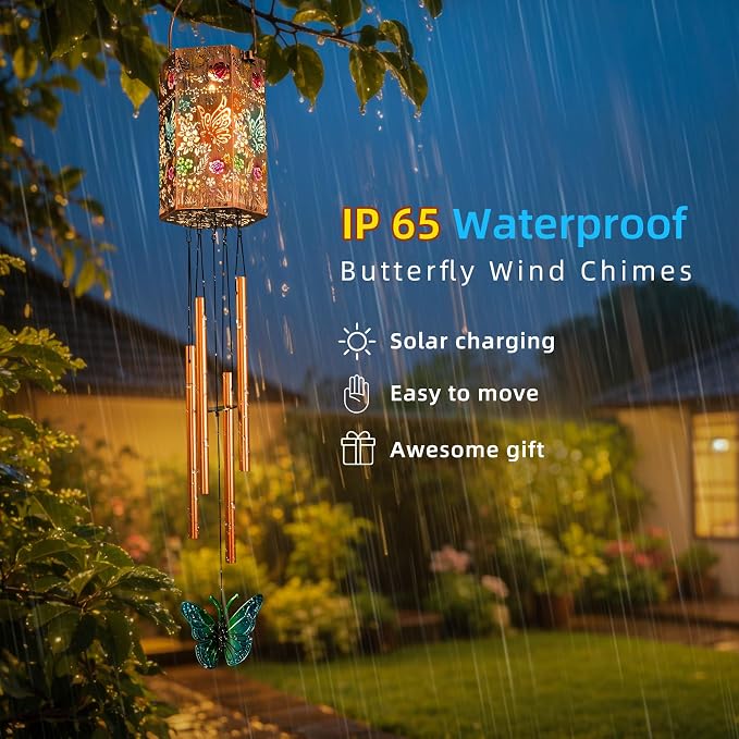 Butterfly Solar Light Wind Chimes for Outside, Hanging Memorial Wind Chimes Gifts for Mother’s Day Women Mom Grandma Sister