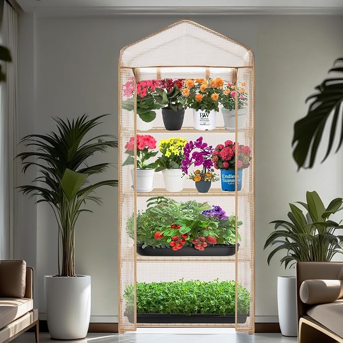 Purlyu 4-Tier Mini Greenhouse – Indoor or Outdoor Gardening Hot House with PE Zippered Cover and Metal Shelves for Growing Vegetables, Flowers and Seedlings 63'' H x 27'' L x 19'' W (PLGH704OWW)