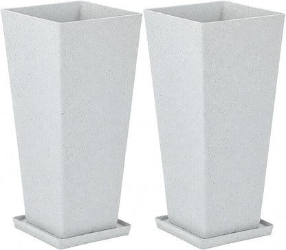 2-Pack 28" White Terrazzo Tall Tapered Planters with Drainage Holes | Set of 2 PP tall planters with white terrazzo finish, drainage plugs, and UV-treated surface for porch, patio, or indoors