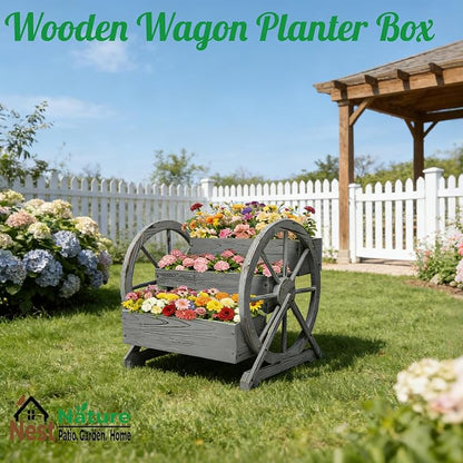 3 Tier Large Wooden Wagon Planter Box|Outdoor Planter/Flower Pot for Indoor&Outdoor Plants-Rustic Garden Planter for Patio,Porch&Garden Decor-Raised Garden Bed for Succulents,Herbs,Vegetables