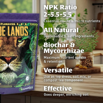 Pride Lands Premium Organic Bloom Fertilizer with NO Fillers, Bigger Buds and Flowers, Brighter Plants with Our Complete Bloom Nutrients, Recharge Soil and Boost Growth with Optimal Blend of NPK, 2 lb
