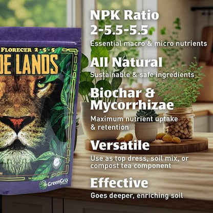 GreenGro Pride Lands Bloom 2-5.5-5.5 | Organic Dry Top Dress Bloom Fertilizer | Microbes + Biochar + Mycorrhizae | No Fillers | Higher Terpenes & Bigger Flowers | CDFA Approved | 5 lb