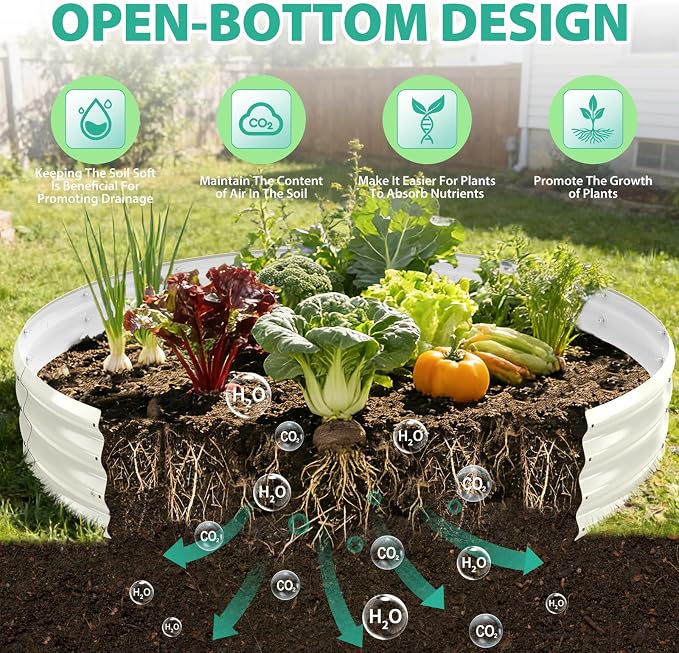 12 Inch Tall 72 Inch Diameter Round White Raised Garden Bed Kits Outdoor | 1 FT Tall,6 FT Planter Bed for Flowers,Herbs,Vegetables,Trees,0.8MM Thick Galvanized Metal Painted,with Gloves,Tool free