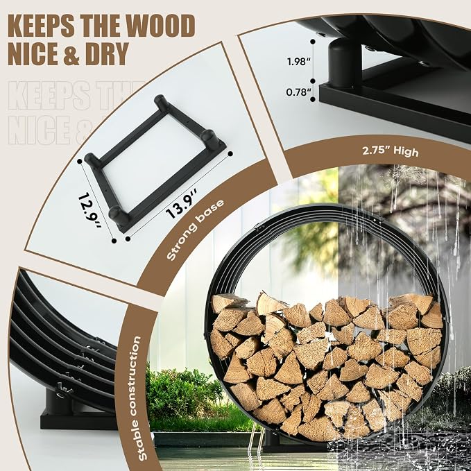 Round Heavy Duty Firewood Rack – Galvanized Wave-Shaped Steel with 4 Sturdy Legs – 0.8mm Thick Black Coated – Indoor or Outdoor Wood Holder for Fireplace,Patio & Deck Fire Pit (2.7FT Diameter+Base)