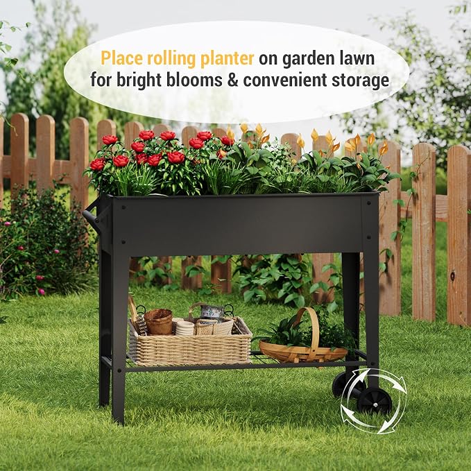31.9" Tall Mobile Raised Garden Bed on Wheels, Metal Elevated Planter Box with Handles, Lower Storage Shelf & 5 Drain Holes for Vegetables Herbs Flowers,Garden Patio Balcony Backyard Garage