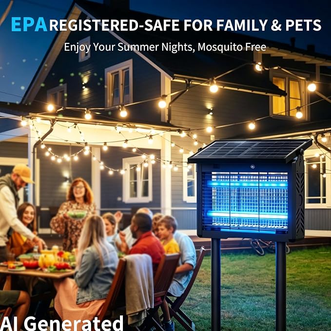Solar Bug Zapper Outdoor Cordless, 7500mAh Battery | 365-395nm UV Light, IPX5 Waterproof, Dusk-to-Dawn Sensor, 1 Acre Coverage, Black, for Outdoor Indoor Use (14.5inch)
