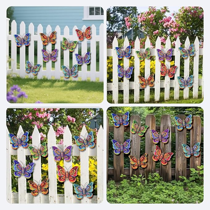 Junware 8 Pieces Metal Butterfly Wall Art Decor - 5.9" Outdoor Fence Wall Sculpture Decor, Hanging Decoration for Garden Yard Living Room Bedroom Patio Balcony, Nice Gift for Mom Friend