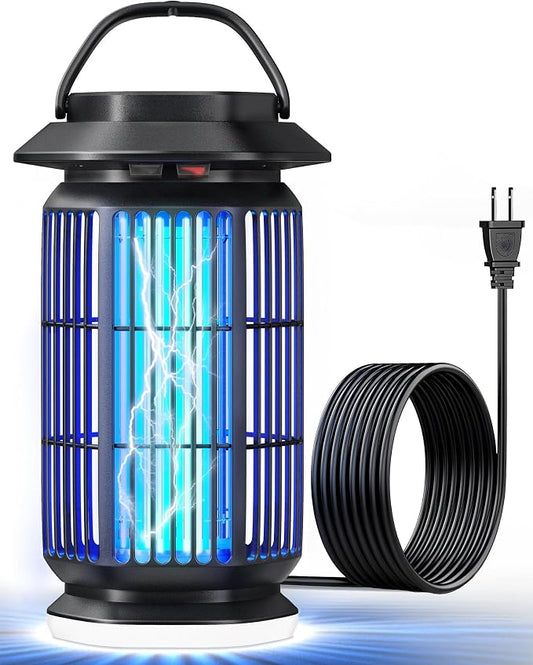 Bug Zapper Outdoor, 4000V Electric Mosquito Zapper, Fly Killer with Built-in Night Light, Insect Fly Trapper with Waterproof ABS Shell for Home, Patio & Garden, Indoor/Outdoor Use, Black