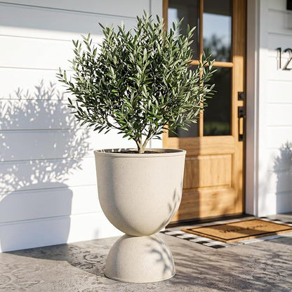 KOL Planters Flower Pots, Large Plastic Urn Planters for Indoor Outdoor Plants, Beige Pedestal Planter Pots, 23 Inch Tall Decorative Planters with Drainage Holes & Plugs for Patio Garden, 1 Pack