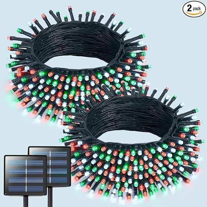 JMEXSUSS 2 Pack Solar Christmas Lights, Total 400LED, Red White and Green | Outdoor Waterproof, 151FT 8 Modes Solar String Lights for Outside Patio Yard Garden Tree Christmas Decorations