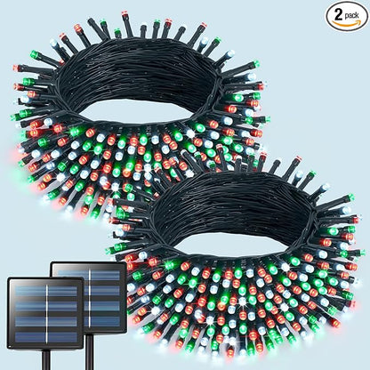 JMEXSUSS 2 Pack Solar Christmas Lights, Total 400LED, Red White and Green | Outdoor Waterproof, 151FT 8 Modes Solar String Lights for Outside Patio Yard Garden Tree Christmas Decorations