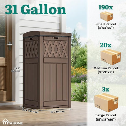 YITAHOME Package Delivery Box with Lift-Out Bag, 31 Gallon Waterproof Parcel Drop Box with Sign, Resin Porch Package Container for Curbside& Outdoor Use, Dark Brown